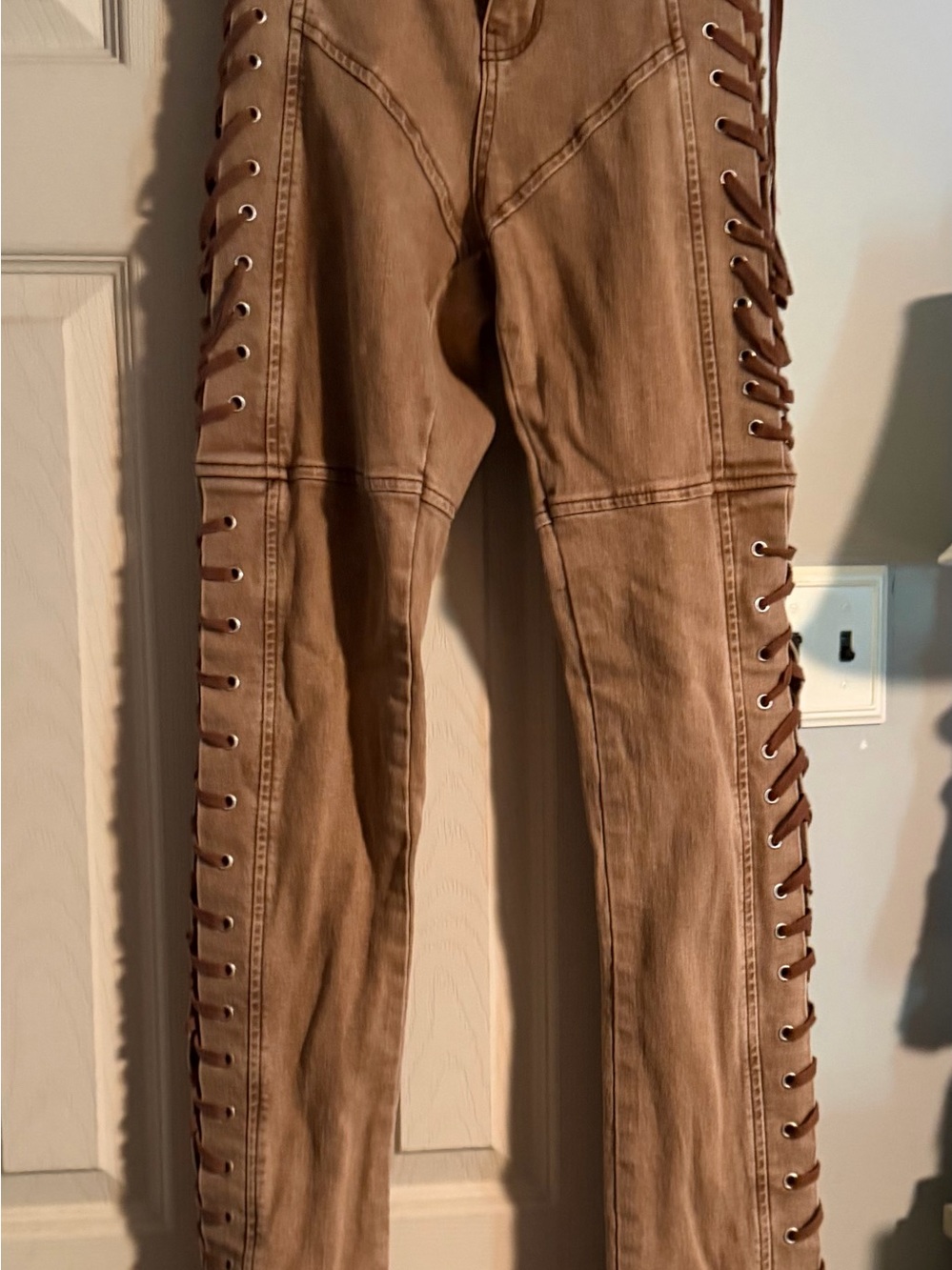 Tan Lace-Up Side Detail Women’s Jeans by Fashion Nova